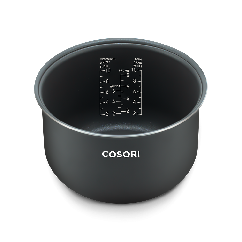 Top view of the empty 5.0-quart nonstick inner pot for the Cosori Rice Cooker.