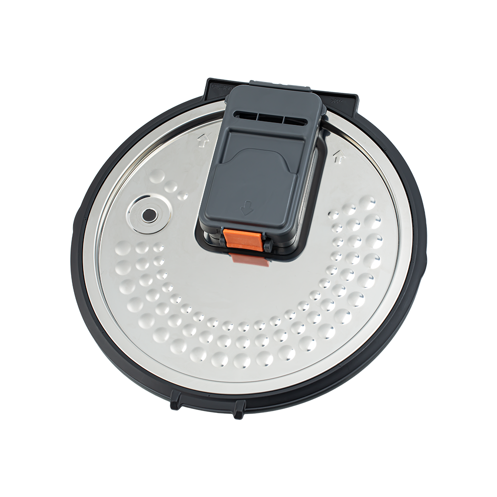 The removable metal inner lid of the Cosori Rice Cooker isolated on a white background