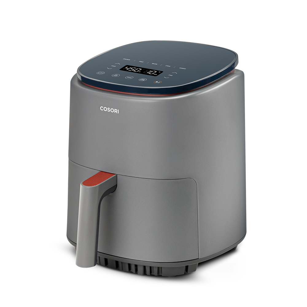 Rear angled view of COSORI Lite 4.0-Quart Smart Air Fryer showing compact design