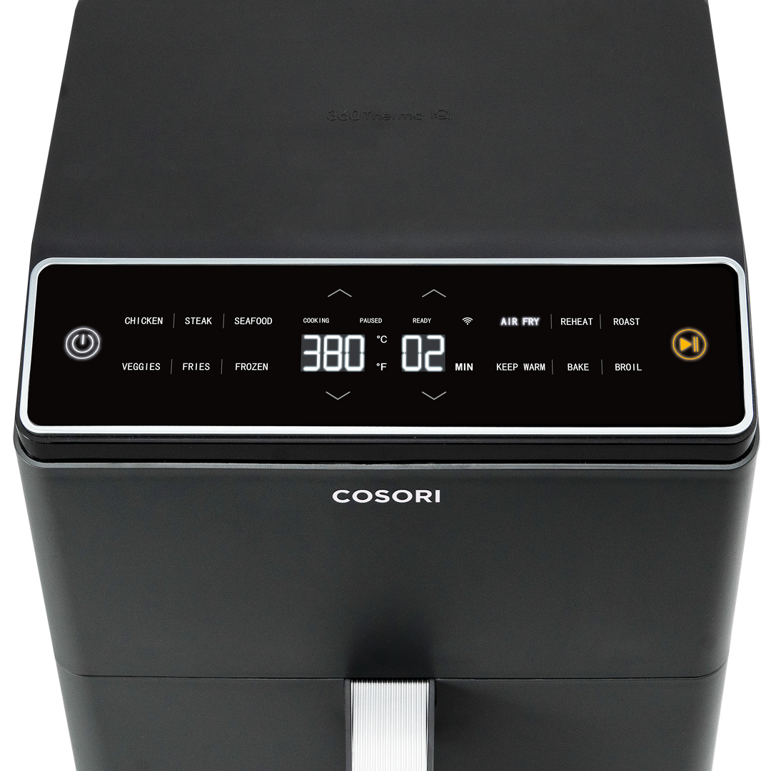 Top control panel of COSORI Dual Blaze 6.8-Quart Smart Air Fryer with digital touch display