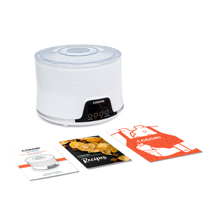 COSORI Pioneer 5-Tray Food Dehydrator with included accessories and recipe materials