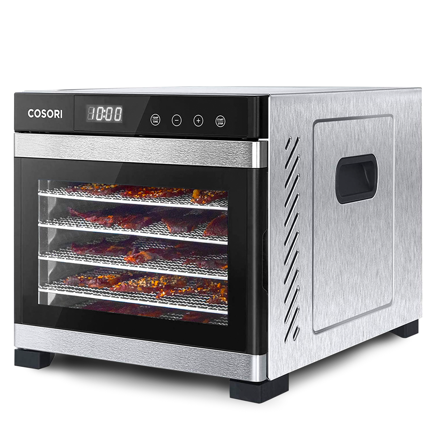 COSORI stainless steel food dehydrator with glass front door and multiple drying trays
