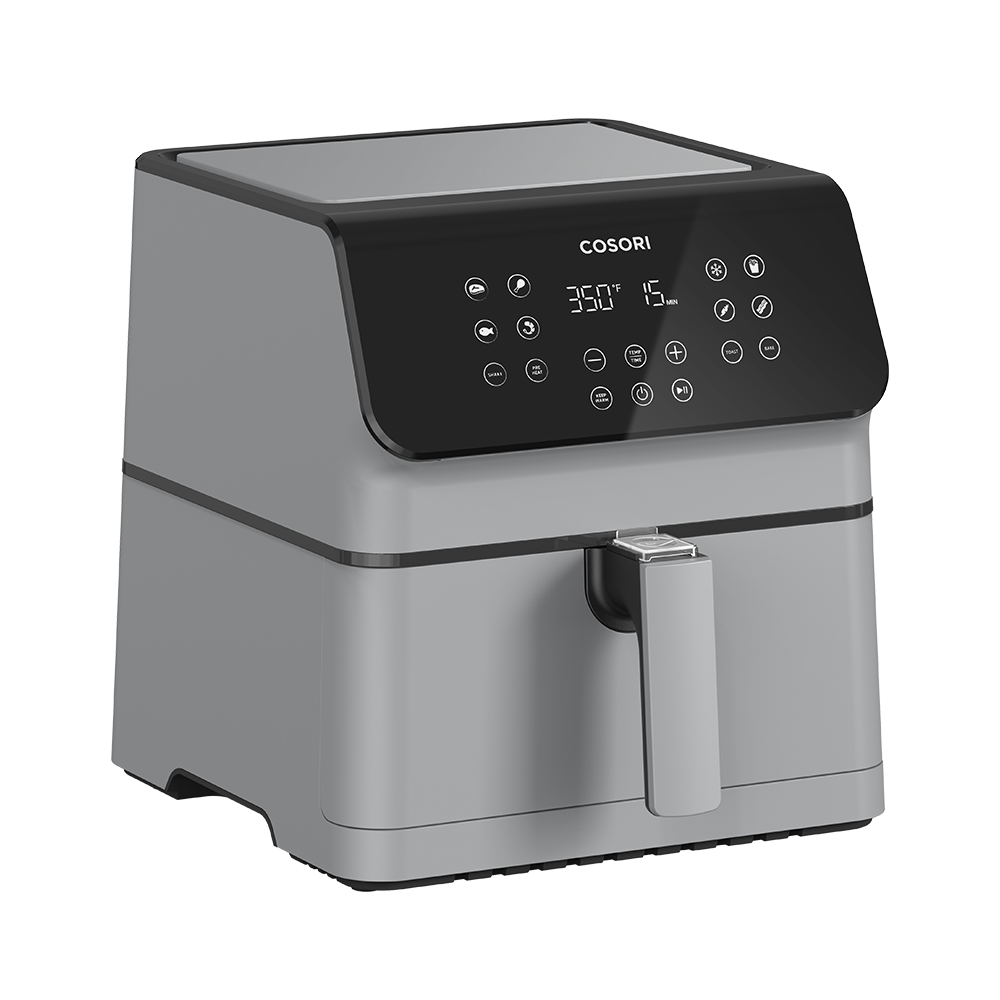 Angled side view of the grey Cosori Pro II 5.8-Qt Smart Air Fryer showing the digital LED touch screen