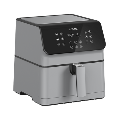 Angled side view of the grey Cosori Pro II 5.8-Qt Smart Air Fryer showing the digital LED touch screen