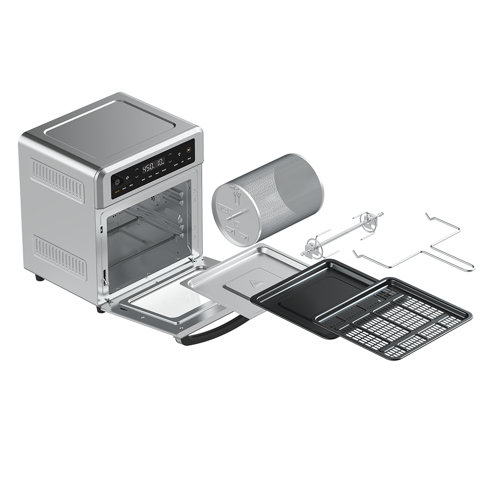 Cosori 13-Quart Air Fryer Oven shown alongside all included accessories: racks, trays, rotisserie kit, and basket.