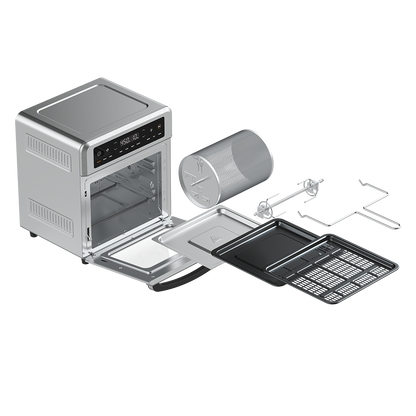 Cosori 13-Quart Air Fryer Oven shown alongside all included accessories: racks, trays, rotisserie kit, and basket.
