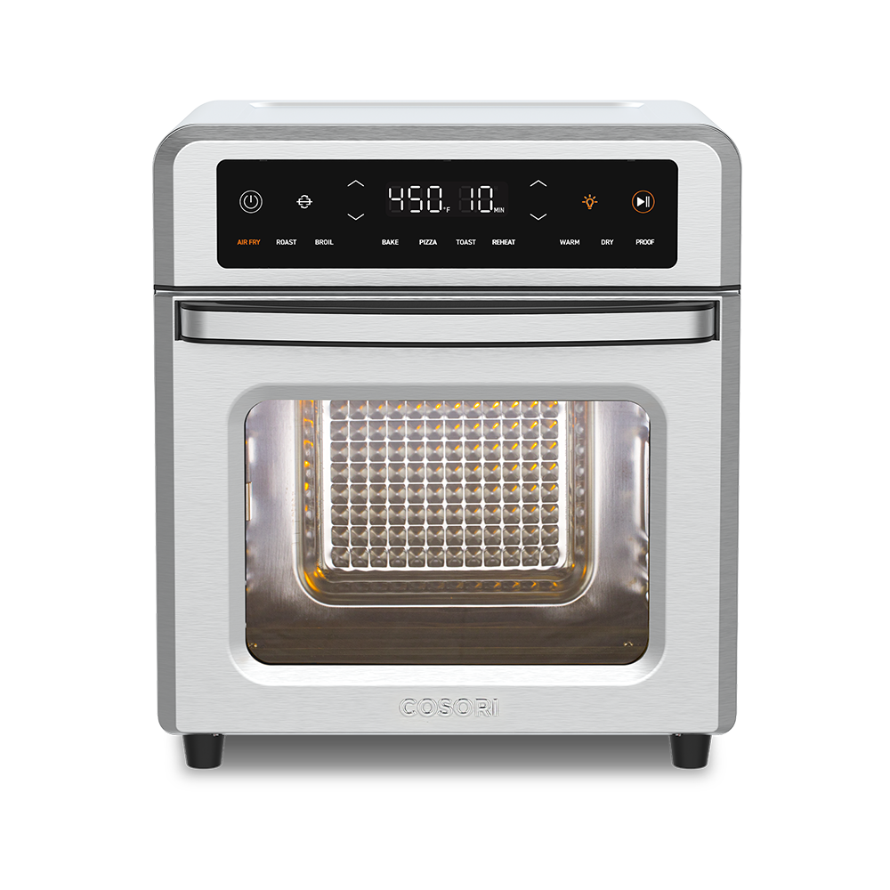 Front straight-on view of the Cosori 13-Quart Air Fryer Oven with the glass door closed and interior empty.