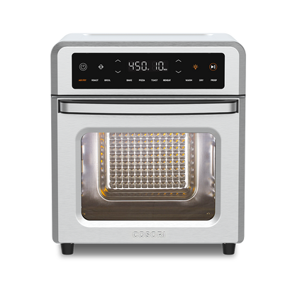 Front straight-on view of the Cosori 13-Quart Air Fryer Oven with the glass door closed and interior empty.