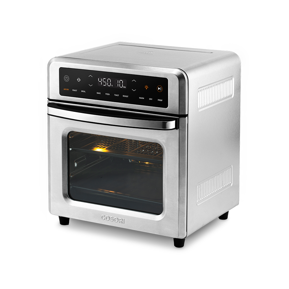 Angled front-left view showcasing the sleek stainless steel exterior design of the Cosori 13-Quart Air Fryer Oven