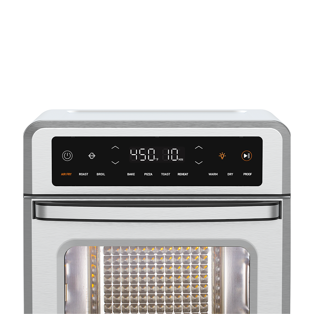 Close-up view of the digital LED control panel and touchscreen interface on the top of the Cosori oven