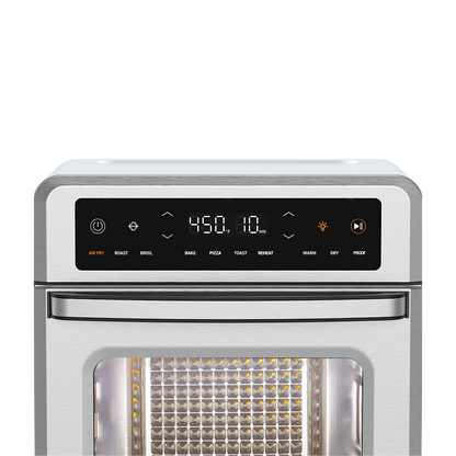Close-up view of the digital LED control panel and touchscreen interface on the top of the Cosori oven