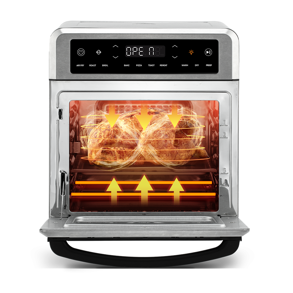 Open door view showing multi-level cooking with food dehydrating on two separate wire racks inside the oven