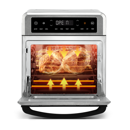 Open door view showing multi-level cooking with food dehydrating on two separate wire racks inside the oven