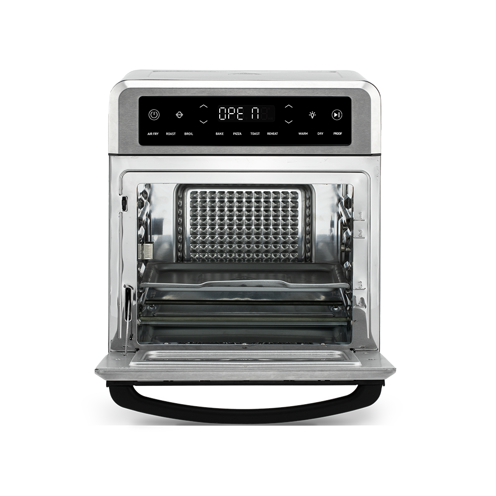 Cosori Air Fryer Oven with door open, showing the wire fry basket and baking tray inserted into different rack slots
