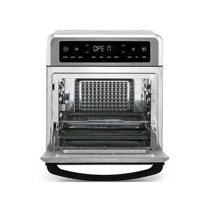 Cosori Air Fryer Oven with door open, showing the wire fry basket and baking tray inserted into different rack slots