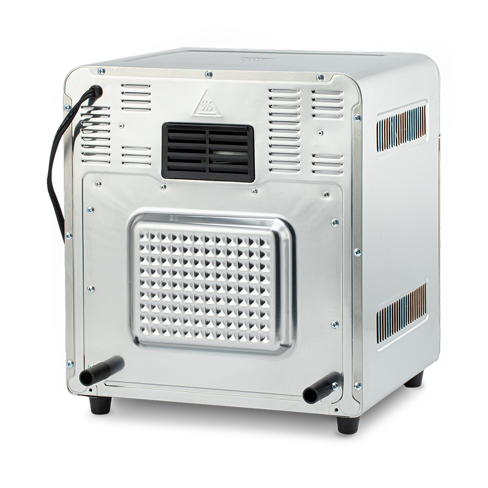 Rear view of the Cosori 13-Quart Air Fryer Oven showing the back exhaust vent housing and power cord connection