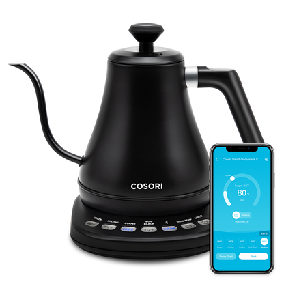 COSORI Smart Electric Gooseneck Kettle with curved gooseneck spout and cordless base