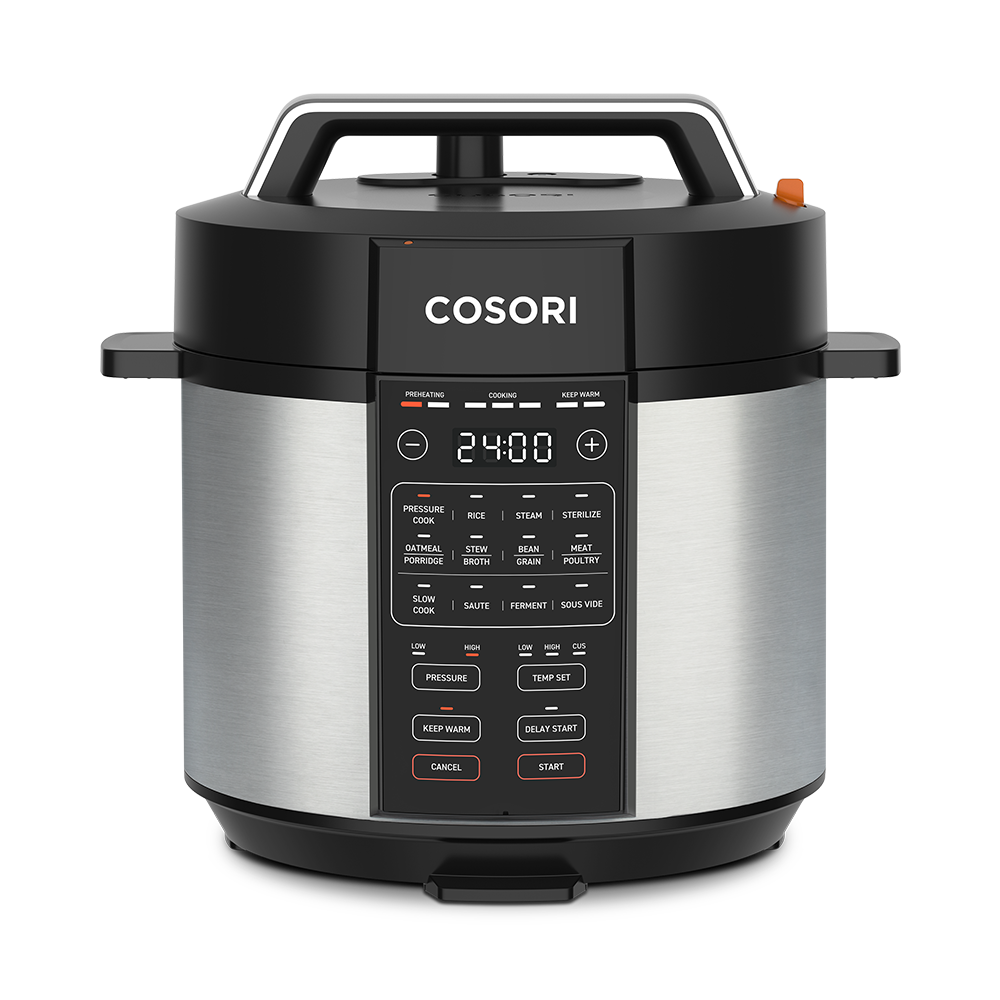 Cosori 6.0-Quart Pressure Cooker featuring a stainless steel exterior and 9-in-1 digital control panel.