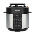 Cosori 6.0-Quart Pressure Cooker featuring a stainless steel exterior and 9-in-1 digital control panel.