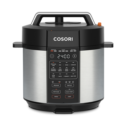 Cosori 6.0-Quart Pressure Cooker featuring a stainless steel exterior and 9-in-1 digital control panel.